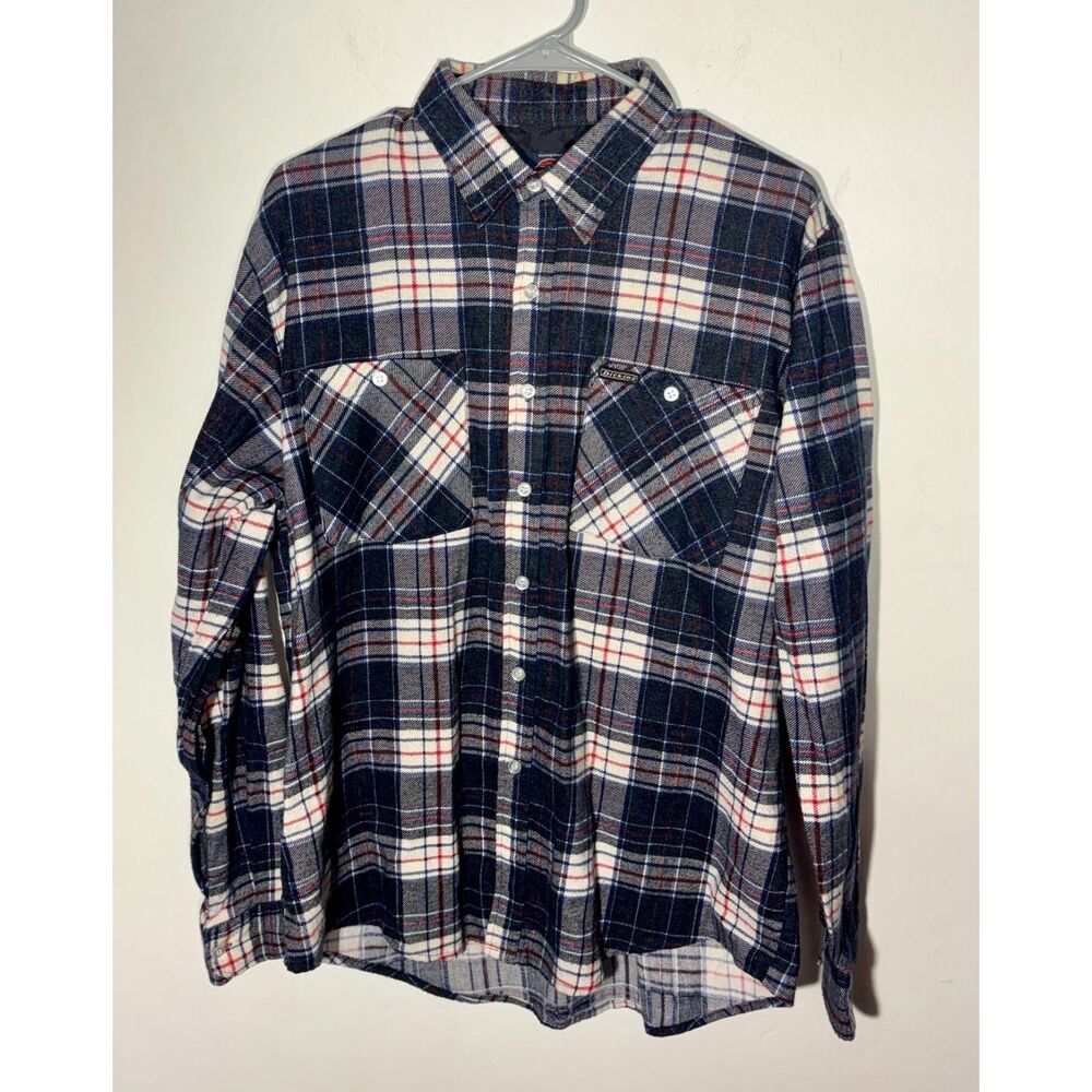 Dickies Plaid Button Shirt Mens Large Blue Red Workwear Flannel Cotton